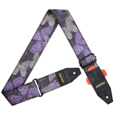 AMUMU Guitar Strap β 2" Purple Silver Butterfly with Gold Thread, Sheer Polyester Top & Cotton Back, Top Grain Leather Ends with Pick Holder, Adjustable 38β63" for Acoustic, Electric, Bass Guitars